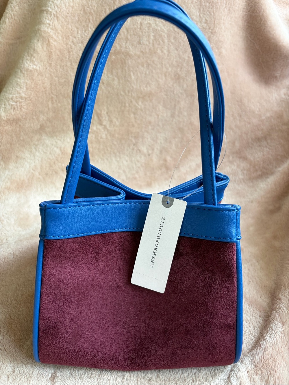 Anthropologie Blue Trim Burgundy Suede Handbag - Picture 3 of 9